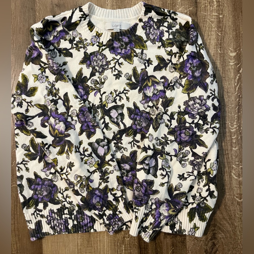 LOFT Floral Blouson Sleeve Sweater with Purple Floral and Olive Print - Picture 3 of 7